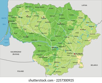 Highly detailed Lithuania physical map with labeling.