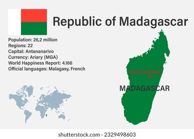 Highly detailed Madagascar map with flag, capital and small map of the world