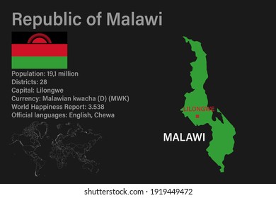 Highly detailed Malawi map with flag, capital and small map of the world