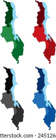 Highly Detailed Malawi political map in four different color. Isolated, editable.