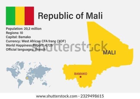 Highly detailed Mali map with flag, capital and small map of the world