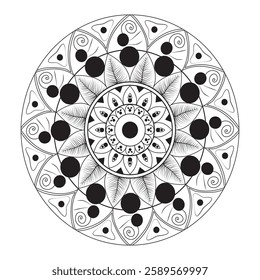 A highly detailed mandala showcasing delicate petal motifs in a symmetrical arrangement, perfect for creative coloring and relaxing artistic activities.