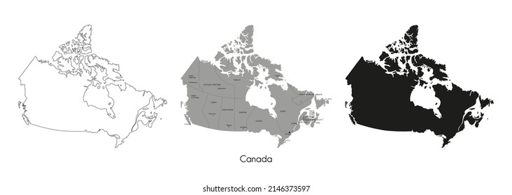 Sehr detaillierte Karte von Kanada. schwarze Konturlinie; Gebiet des Landes mit Regionen, Großstädten und Hauptstadt; schwarze Silhouette aus Kanada auf weißem Hintergrund. Stock-Vektorgrafik.