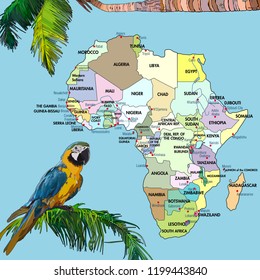 Highly detailed map of continent, located on the African continental plate with animals. Background with continent of Africa. Vector Illustration, EPS 10