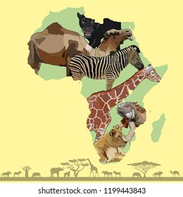 Highly detailed map of continent, located on the African continental plate with animals. Background with continent of Africa. Vector Illustration, EPS 10