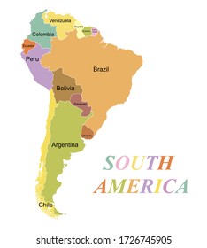 Mapa muy detallado del continente sudamericano. Silueta de colores con bordes y nombres de países. Brasil y Argentina y Colombia y Perú y Chile y Ecuador. Gráficos vectoriales.