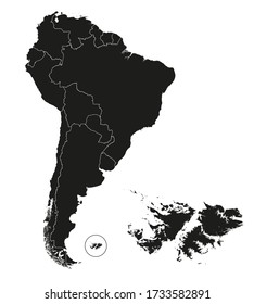 Highly detailed map of the continent of South America and the Falkland Islands. Brazil and Argentina and Chile and Colombia and Ecuador. Vector graphics. Black silhouette on a white background.