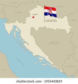 Highly detailed map of Croatia territory borders, South European country administrative map with Zagreb capital city and waving national flag vector illustration