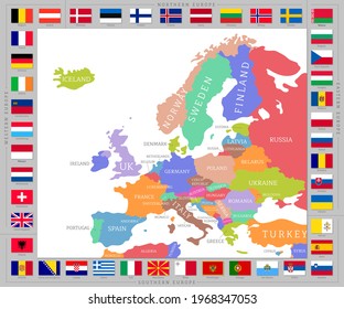 Highly detailed map of Europe with Country Flags. Political map with colorful European countries territory borders on frame of national flags vector illustration