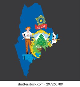 Highly detailed map with flag inside of the state of Maine