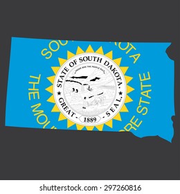 Highly detailed map with flag inside of the state of South Dakota