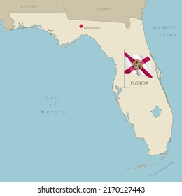 Highly detailed map of Florida with waving flag. Editable map of federal American state with territory borders and Hartford capital city realistic vector illustration