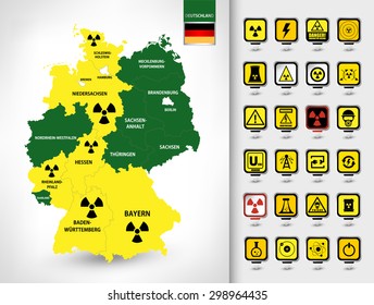 Highly detailed map of Germany with nuclear technology 3D pin pointers set.