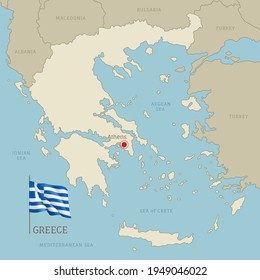 Highly detailed map of Greece territory borders, South European country administrative map with Athens capital city and waving national flag vector illustration
