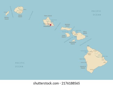 Highly detailed map of Hawaii, island American state. USA region political map with territory borders and counties English labeling realistic vector illustration