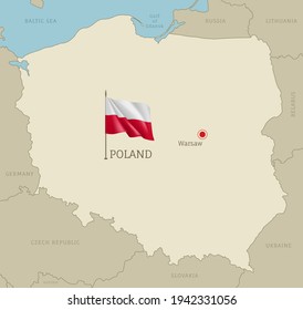 Highly detailed map of Poland territory borders, East European country administrative map with Warsaw capital city and waving national flag vector illustration