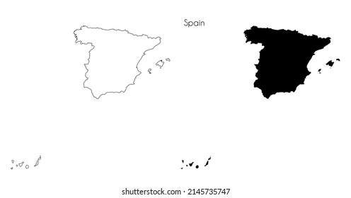 Highly detailed map of Spain. Isolated linear outline and black silhouette of the country of Spain on white background. Stock vector illustration.
