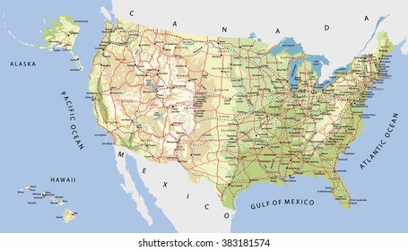 Highly Detailed Map of United States. With cities, roads, railways, lakes, rivers, relief, states, Alaska and Hawaii
