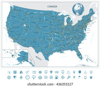 Highly Detailed Map of United States. With cities, roads, lakes, rivers, states, Alaska and Hawaii.