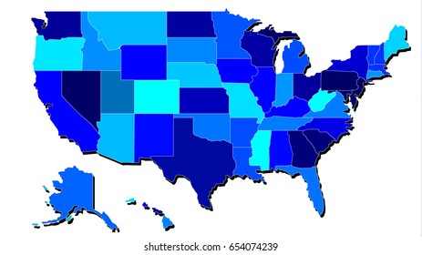 Highly Detailed Map of United States with Regional Borders in Shades of Blue. Vector Illustration