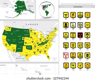 Highly Detailed Map of USA With Nuclear Power Technology Icons and Caution Signs.