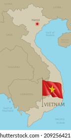 Highly detailed map of Vietnam with national flag. Editable Vietnamese gray map with region borders, neighboring countries, waving flag and Abuja capital city vector illustration