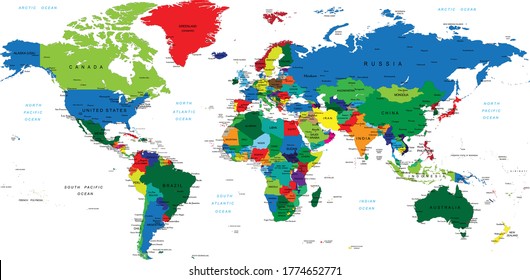 Highly detailed map of the world with countries, big cities and other labels,updated with South Sudan,Kosovo and North Macedonia