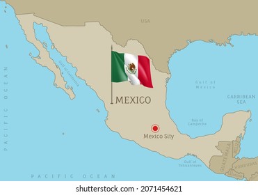 Mapa mexicano altamente detallado con bandera y etiquetas. Mapa administrativo gris editable de México con fronteras de la región, países vecinos e ilustración vectorial de bandera ondulada nacional