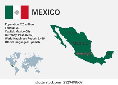 Highly detailed Mexico map with flag, capital and small map of the world