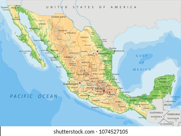 Highly Detailed Mexico physical map.