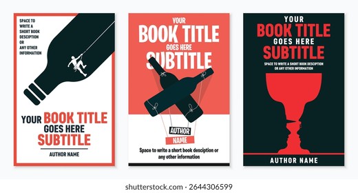 Modelos de design de capa de livro minimalista altamente detalhados com temas abstratos de vinho e bebidas, perfeito para literatura moderna, publicações digitais e projetos criativos, fácil de usar e editar