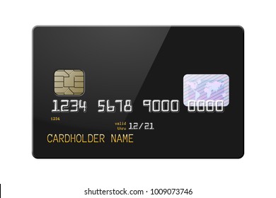 Highly detailed mock up of realistic glossy black credit card, front side. Vector illustration