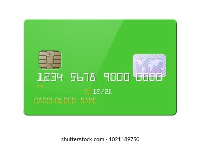 Highly detailed mock up of realistic glossy green credit card, front side . Vector illustration