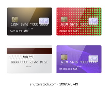 Highly detailed mock up set of realistic glossy credit cards with front and back side. Vector illustration