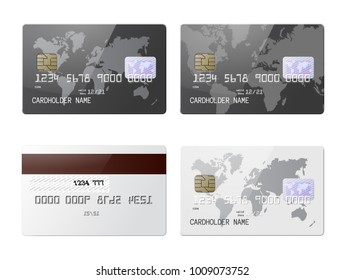 Highly detailed mock up set of realistic glossy credit cards with front and back side. Vector illustration
