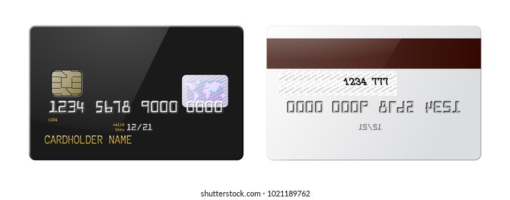 Highly detailed mock up set of realistic black glossy credit card with front and back side . Vector illustration