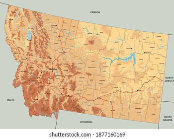 Highly detailed Montana physical map with labeling.