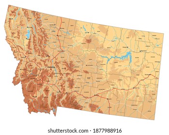 Highly detailed Montana physical map with labeling.