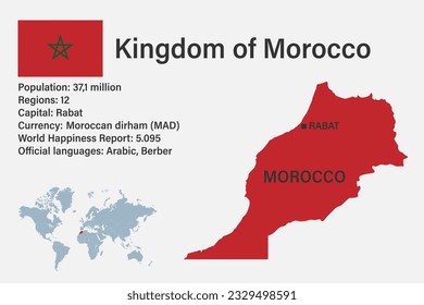 Highly detailed Morocco map with flag, capital and small map of the world