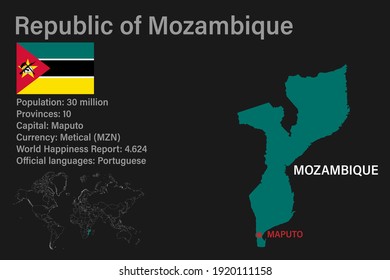 Highly detailed Mozambique map with flag, capital and small map of the world