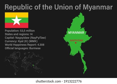 Sehr detaillierte Karte von Myanmar mit Flagge, Hauptstadt und kleiner Weltkarte