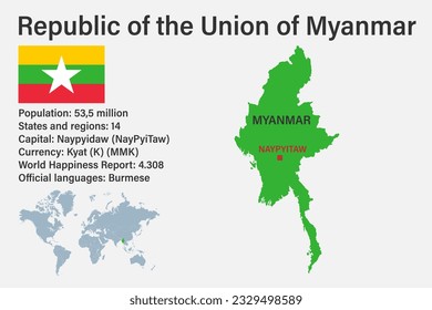 Highly detailed Myanmar map with flag, capital and small map of the world