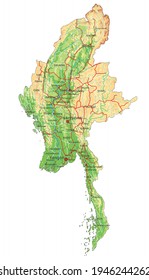 Highly Detailed Myanmar Physical Map With Labeling.