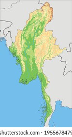 Highly detailed Myanmar physical map. 
