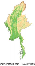 Mapa físico muy detallado de Myanmar.