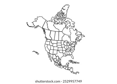 Highly Detailed North America Political Map With Country.line art vector illustration, line drawing map.