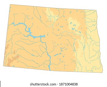 Highly detailed North Dakota physical map with labeling.