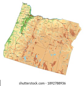 Highly detailed Oregon physical map with labeling.