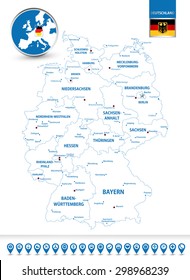 Highly detailed outline map of Germany with its federal states contours, cities and navigation icons collection/Outline map of Germany with regions and cities