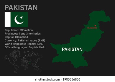 Highly detailed Pakistan map with flag, capital and small map of the world